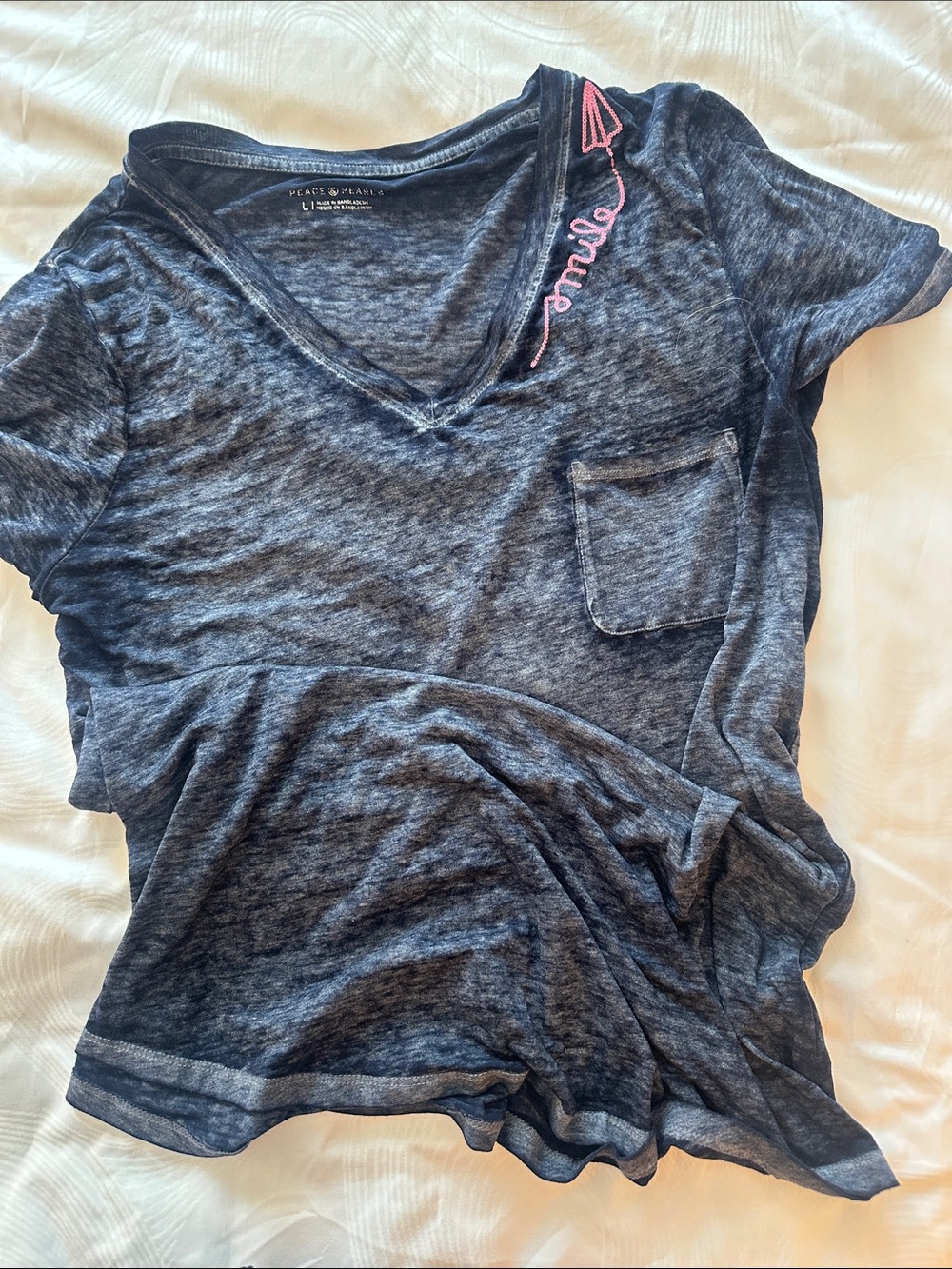 Planet Blue Washed Navy V-Neck Short Sleeve Tee with Pink Embroidery